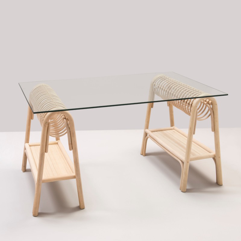 PASSE-PASSE rattan trestles for a design rattan desk with glass top