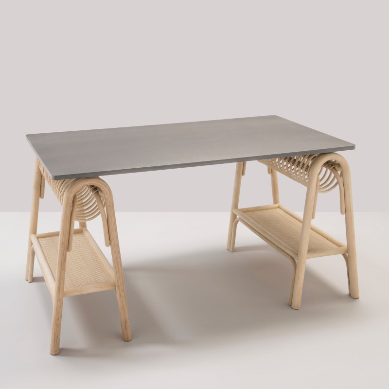 PASSE-PASSE rattan trestles for a design rattan desk with grey top