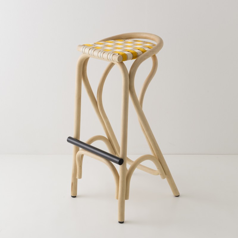 Tabouret de bar en rotin design VIRAGE avec sangles rouge brique