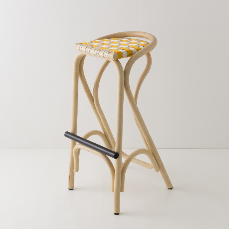 VIRAGE design rattan barstool with Bouton d'Or yellow woven straps
