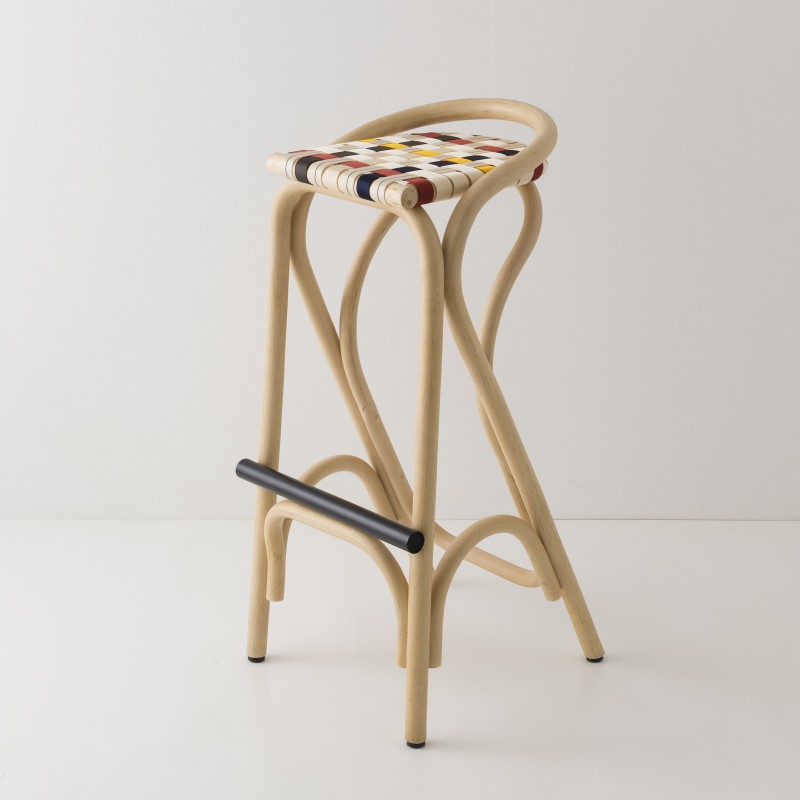 Tabouret de bar en rotin design VIRAGE avec sangles multicolores