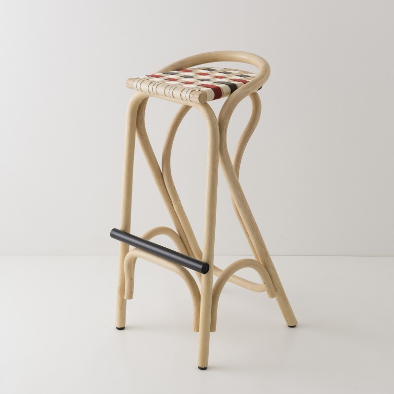 Tabouret de bar en rotin design VIRAGE avec sangles rouge brique et vert kaki