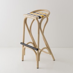 Tabouret de bar en rotin design VIRAGE avec sangles bleu gendarme et jaune bouton d'or